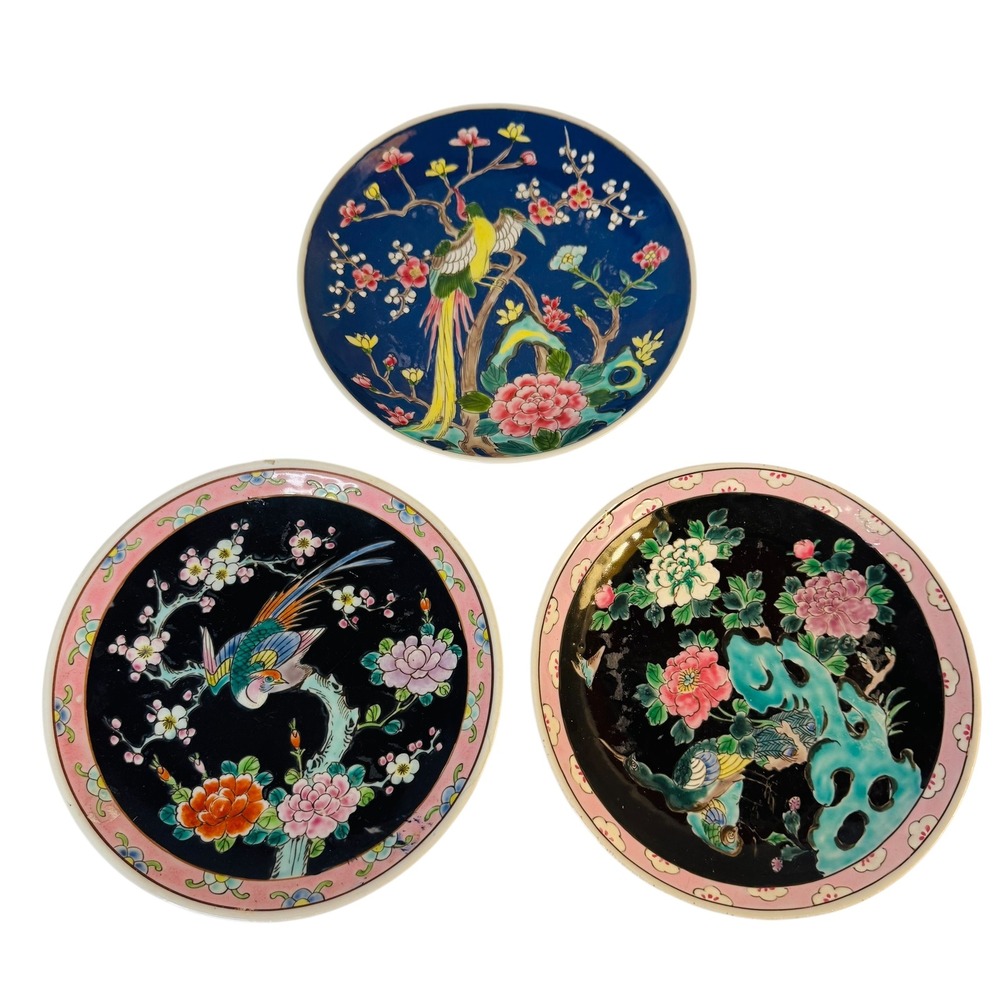 Japanese Nippon Porcelain Decorative Plates Set 3 Birds Flowers Asianβ Decor